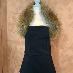 Retrofete Black Strapless Dress with Gold Faux Fur Trim